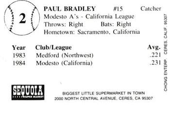 1985 Chong Modesto A's #2 Paul Bradley Back