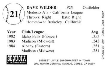 1985 Chong Modesto A's #21 Dave Wilder Back