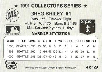 1991 Country Hearth Bread Seattle Mariners  #4 Greg Briley Back