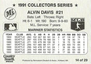 1991 Country Hearth Bread Seattle Mariners  #14 Alvin Davis Back