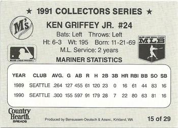 1991 Country Hearth Bread Seattle Mariners  #15 Ken Griffey Jr. Back