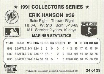 1991 Country Hearth Bread Seattle Mariners  #24 Erik Hanson Back