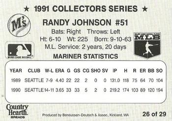 1991 Country Hearth Bread Seattle Mariners  #26 Randy Johnson Back