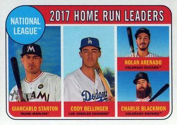 2018 Topps Heritage #6 2017 N.L. Home Run Leaders (Giancarlo Stanton / Cody Bellinger / Nolan Arenado / Charlie Blackmon) Front