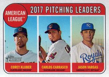 2018 Topps Heritage #9 2017 A.L. Pitching Leaders (Corey Kluber / Carlos Carrasco / Jason Vargas) Front