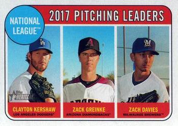 2018 Topps Heritage #10 2017 N.L. Pitching Leaders (Clayton Kershaw / Zack Greinke / Zach Davies) Front