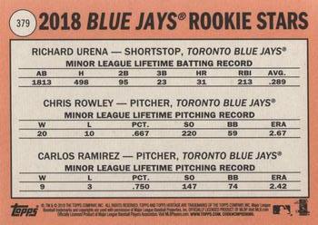 2018 Topps Heritage #379 Blue Jays 2018 Rookie Stars (Richard Urena / Chris Rowley / Carlos Ramirez) Back