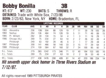 1989 Veryfine Pittsburgh Pirates #NNO Bobby Bonilla Back