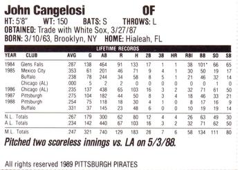 1989 Veryfine Pittsburgh Pirates #NNO John Cangelosi Back