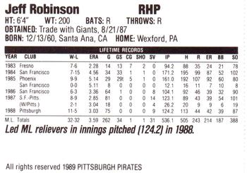 1989 Veryfine Pittsburgh Pirates #NNO Jeff Robinson Back