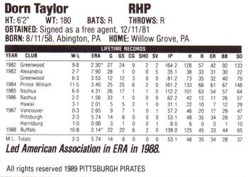 1989 Veryfine Pittsburgh Pirates #NNO Dorn Taylor Back