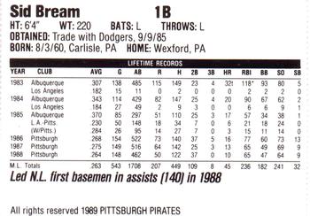 1989 Veryfine Pittsburgh Pirates #NNO Sid Bream Back