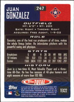 2002 Topps Total #247 Juan Gonzalez Back