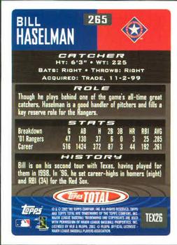 2002 Topps Total #265 Bill Haselman Back