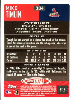 2002 Topps Total #304 Mike Timlin Back