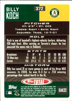 2002 Topps Total #372 Billy Koch Back