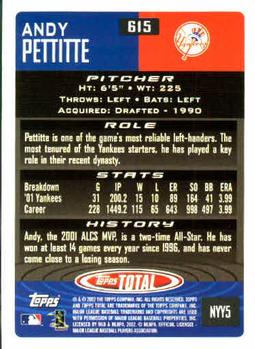 2002 Topps Total #615 Andy Pettitte Back