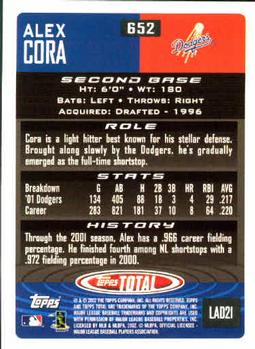 2002 Topps Total #652 Alex Cora Back