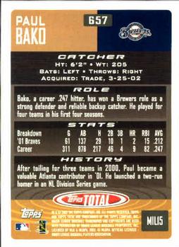 2002 Topps Total #657 Paul Bako Back
