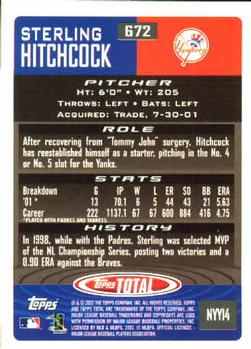 2002 Topps Total #672 Sterling Hitchcock Back