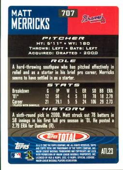 2002 Topps Total #707 Matt Merricks Back