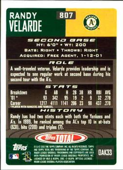 2002 Topps Total #807 Randy Velarde Back