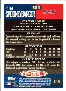 2002 Topps Total #850 Tim Spooneybarger Back