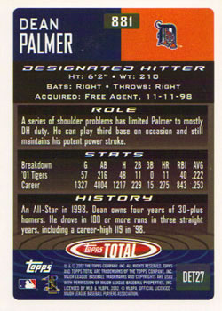 2002 Topps Total #881 Dean Palmer Back