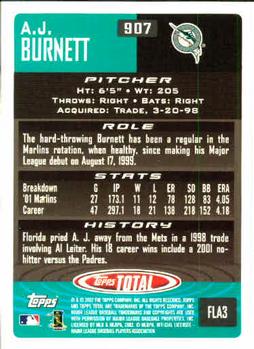 2002 Topps Total #907 A.J. Burnett Back