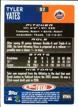 2002 Topps Total #92 Tyler Yates Back