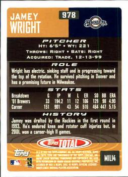 2002 Topps Total #978 Jamey Wright Back
