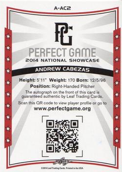 2014 Leaf Perfect Game - Autographs Black #A-AC2 Andrew Cabezas Back