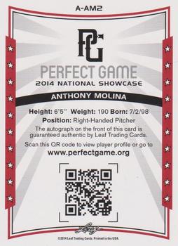 2014 Leaf Perfect Game - Autographs Black #A-AM2 Anthony Molina Back