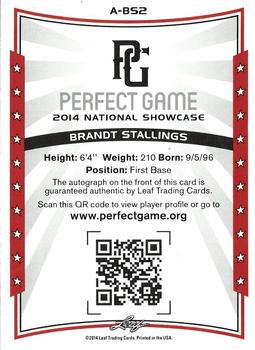 2014 Leaf Perfect Game National Showcase - Autographs Black #A-BS2 Brandt Stallings Back