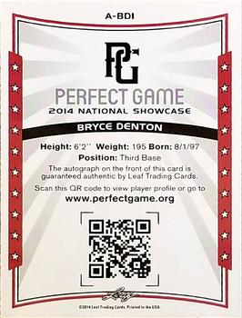 2014 Leaf Perfect Game - Autographs Black #A-BD1 Bryce Denton Back
