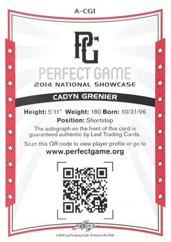 2014 Leaf Perfect Game - Autographs Black #A-CG1 Cadyn Grenier Back