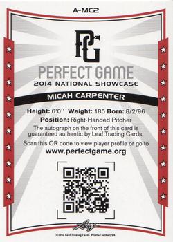2014 Leaf Perfect Game National Showcase - Autographs Black #A-MC2 Micah Carpenter Back