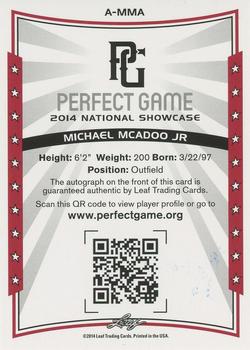 2014 Leaf Perfect Game - Autographs Black #A-MMA Michael McAdoo Jr Back