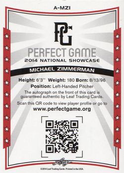 2014 Leaf Perfect Game - Autographs Black #A-MZ1 Michael Zimmerman Back