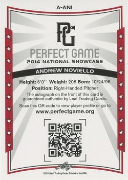 2014 Leaf Perfect Game - Autographs Blue #A-AN1 Andrew Noviello Back