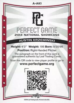 2014 Leaf Perfect Game - Autographs Blue #A-AK1 Austin Krzeminski Back