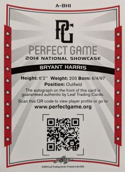 2014 Leaf Perfect Game National Showcase - Autographs Blue #A-BH1 Bryant Harris Back
