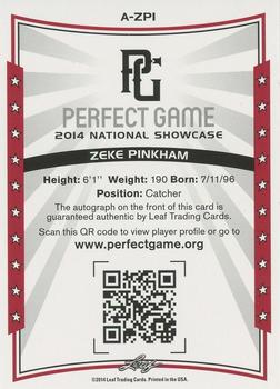 2014 Leaf Perfect Game - Autographs Blue #A-ZP1 Zeke Pinkham Back