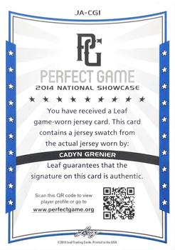 2014 Leaf Perfect Game National Showcase - Autographed Jersey Silver #JA-CG1 Cadyn Grenier Back