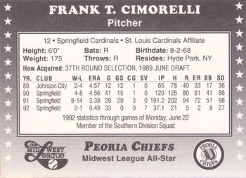 1992 Midwest League All-Stars #NNO Frank Cimorelli Back