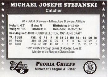 1992 Midwest League All-Stars #NNO Mike Stefanski Back