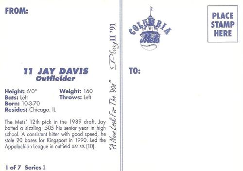 1991 Play II Columbia Mets Postcards #1 Jay Davis Back