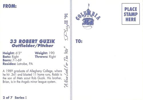 1991 Play II Columbia Mets Postcards #2 Rob Guzik Back