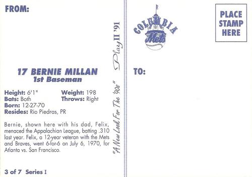 1991 Play II Columbia Mets Postcards #3 Bernie Millan Back