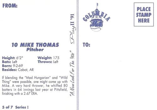 1991 Play II Columbia Mets Postcards #5 Mike Thomas Back